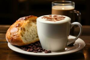 ontbijt met brood en een melk van koffie professioneel voedsel fotografie ai gegenereerd foto