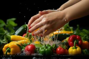 hand- het wassen biologisch fruit en groenten professioneel voedsel fotografie ai gegenereerd foto