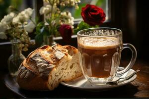 ontbijt met brood en een kop van koffie professioneel voedsel fotografie ai gegenereerd foto