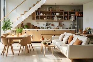binnen keuken leven kamer visie Scandinavisch stijl reclame fotografie ai gegenereerd foto