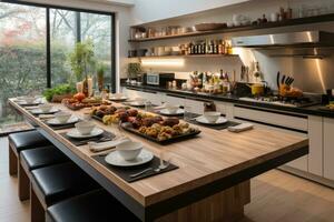 binnen keuken streed voedsel in minimalistische stijl professioneel reclame fotografie ai gegenereerd foto