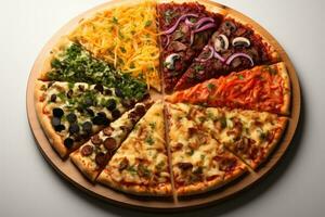 plak pizza vlak leggen top visie licht achtergrond professioneel reclame voedsel fotografie ai gegenereerd foto