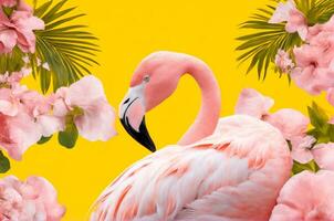 oog vangen roze flamingo in geel instelling, ai gegenereerd foto