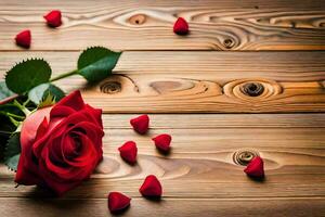 rood rozen Aan een houten tafel. ai-gegenereerd foto