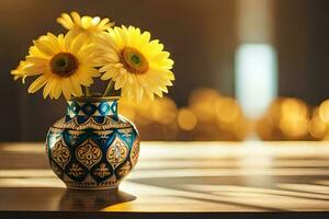 zonnebloemen in een vaas Aan een tafel. ai-gegenereerd foto