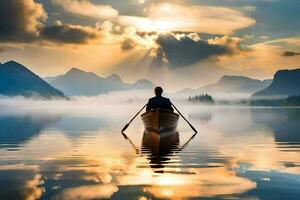 een Mens in een boot Aan een meer Bij zonsopkomst. ai-gegenereerd foto