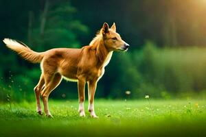 een bruin hond is staand in de gras. ai-gegenereerd foto