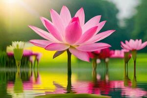 lotus bloem in water met zon schijnend in achtergrond. ai-gegenereerd foto