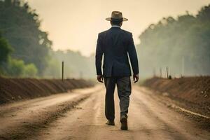 een Mens in een pak en hoed wandelen naar beneden een aarde weg. ai-gegenereerd foto