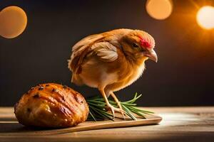 een kip is staand Aan een houten snijdend bord met een stuk van brood. ai-gegenereerd foto