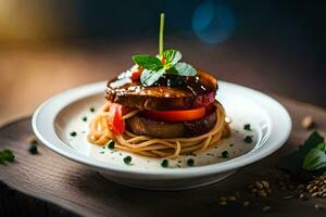 een bord met spaghetti en groenten Aan top. ai-gegenereerd foto
