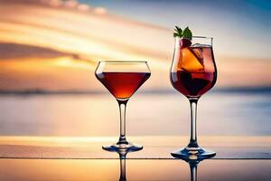 twee bril van wijn en een cocktail Aan een tafel. ai-gegenereerd foto