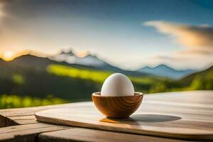 een ei in een houten kom Aan een tafel met bergen in de achtergrond. ai-gegenereerd foto