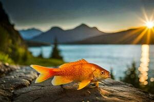 goudvis Aan de rotsen, zonsondergang, bergen, meer, water, hd behang. ai-gegenereerd foto