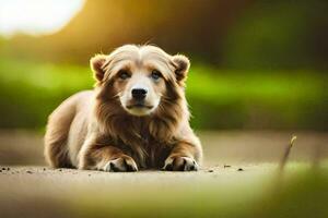 een hond houdende Aan de grond in de zon. ai-gegenereerd foto