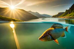 een vis zwemmen in de water met de zon instelling achter het. ai-gegenereerd foto