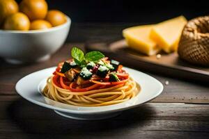 spaghetti met groenten en kaas Aan een houten tafel. ai-gegenereerd foto