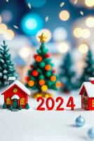 knus winter miniatuur, 2024 vrolijk Kerstmis nieuw jaar hartelijk groeten, ai gegenereerd foto