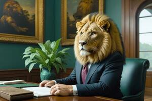 majestueus leeuw Directeur in weelderig kantoor, ai gegenereerd foto