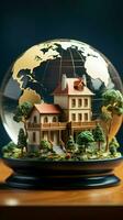 een huis model- met een wereldbol Aan bovenkant, vertegenwoordigen globaal eigenwoningbezit verticaal mobiel behang ai gegenereerd foto