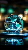 een laptop onder een glas wereldbol betekent: een tech gedreven globaal bedrijf nadering verticaal mobiel behang ai gegenereerd foto