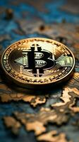 een wereld kaart genaden de bitcoin achtergrond, symboliseert haar globaal invloed verticaal mobiel behang ai gegenereerd foto