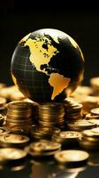 zwart en goud wereld wereldbol omsingeld door glanzend gestapeld goud munten verticaal mobiel behang ai gegenereerd foto