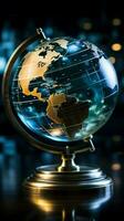 kristal wereldbol geïntegreerde met echt tijd voorraad gegevens, een symbool van globaal financiën verticaal mobiel behang ai gegenereerd foto