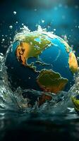 aarde komt tevoorschijn net zo een wereldbol binnen transparant water, geaccentueerd door bevallig spatten verticaal mobiel behang ai gegenereerd foto