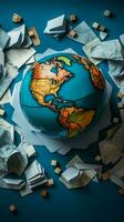 vlak leggen samenstelling een wereldbol omringd door verspreide lakens van papier verticaal mobiel behang ai gegenereerd foto