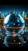 futuristische 3d renderen gloeiend bol met financieel symbolen, een digitaal financieel wereld verticaal mobiel behang ai gegenereerd foto
