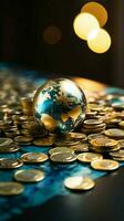 glas wereld bal, goud munten, en een bank bankboekje in een dichtbij omhoog globaal financieel concept verticaal mobiel behang ai gegenereerd foto