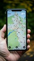 toerist kaarten van Polen met een mobiel telefoon voor navigatie en exploratie verticaal mobiel behang ai gegenereerd foto
