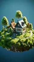 echt landgoed uitverkoop concept huis Aan aarde met weelderig groen gras verticaal mobiel behang ai gegenereerd foto
