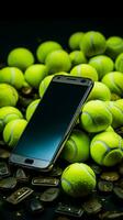 sporting essentials tennis ballen en een racket, met een mobiel telefoon dichtbij verticaal mobiel behang ai gegenereerd foto