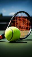 tennis essentials Aan een nieuw geschilderd rechtbank racket, bal, en opwinding verticaal mobiel behang ai gegenereerd foto