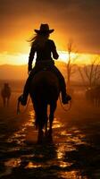 een te paard rijden cowgirls silhouet tegen de schemering lucht verticaal mobiel behang ai gegenereerd foto