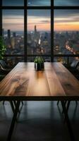 een ongerept houten tafel tegen een hedendaags kantoor instelling, perfect voor Product Scherm verticaal mobiel behang ai gegenereerd foto