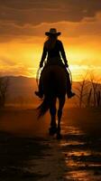 een te paard rijden cowgirls silhouet tegen de schemering lucht verticaal mobiel behang ai gegenereerd foto
