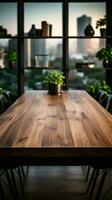 een ongerept houten tafel tegen een hedendaags kantoor instelling, perfect voor Product Scherm verticaal mobiel behang ai gegenereerd foto