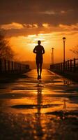 een silhouet van een jong geschiktheid liefhebber jogging tegen een verbijsterend zonsopkomst verticaal mobiel behang ai gegenereerd foto