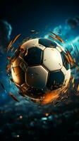 dynamisch sport- concept digitaal technologie infuseert schoonheid in voetbal bal illustratie verticaal mobiel behang ai gegenereerd foto