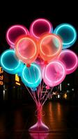 gloeiend ballon neon teken lichten omhoog de nacht met speels schittering verticaal mobiel behang ai gegenereerd foto