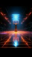 meeslepend virtueel sport 3d geven van een neon lit basketbal velden kant visie verticaal mobiel behang ai gegenereerd foto