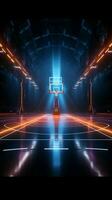 meeslepend virtueel sport 3d geven van een neon lit basketbal velden kant visie verticaal mobiel behang ai gegenereerd foto