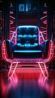 neon lit sfeer een stoel in een afm kamer gloeit met intrigeren verticaal mobiel behang ai gegenereerd foto