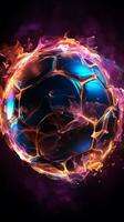 neon voetbal bal banier promoten sport- wedden en verdiensten met opvallend stijl verticaal mobiel behang ai gegenereerd foto