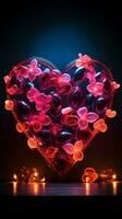 levendig liefde Scherm neon harten teken voegt toe flair naar de zwart canvas verticaal mobiel behang ai gegenereerd foto