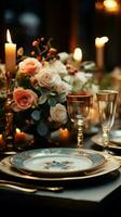 bruiloft avondeten ontwerp met mooi serviesgoed en traditioneel stijl plaats kaarten verticaal mobiel behang ai gegenereerd foto