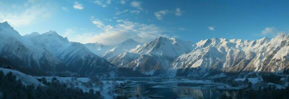 ijzig berg landschap in de midden van winters sereen schoonheid ai gegenereerd foto